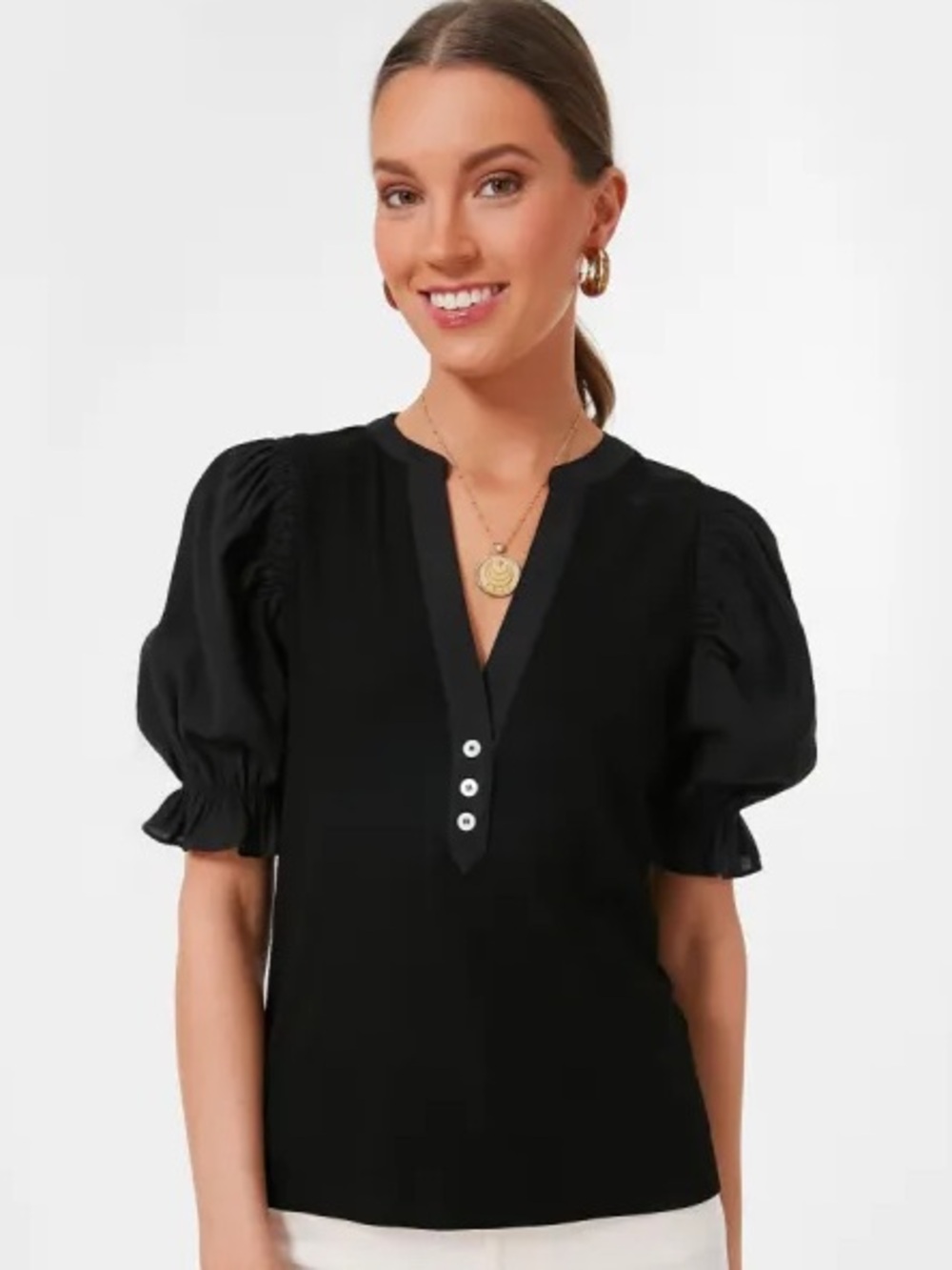 Pomander Place for Tuckernuck Livia Black Ribbed V-Neck Puff Sleeve Top size M